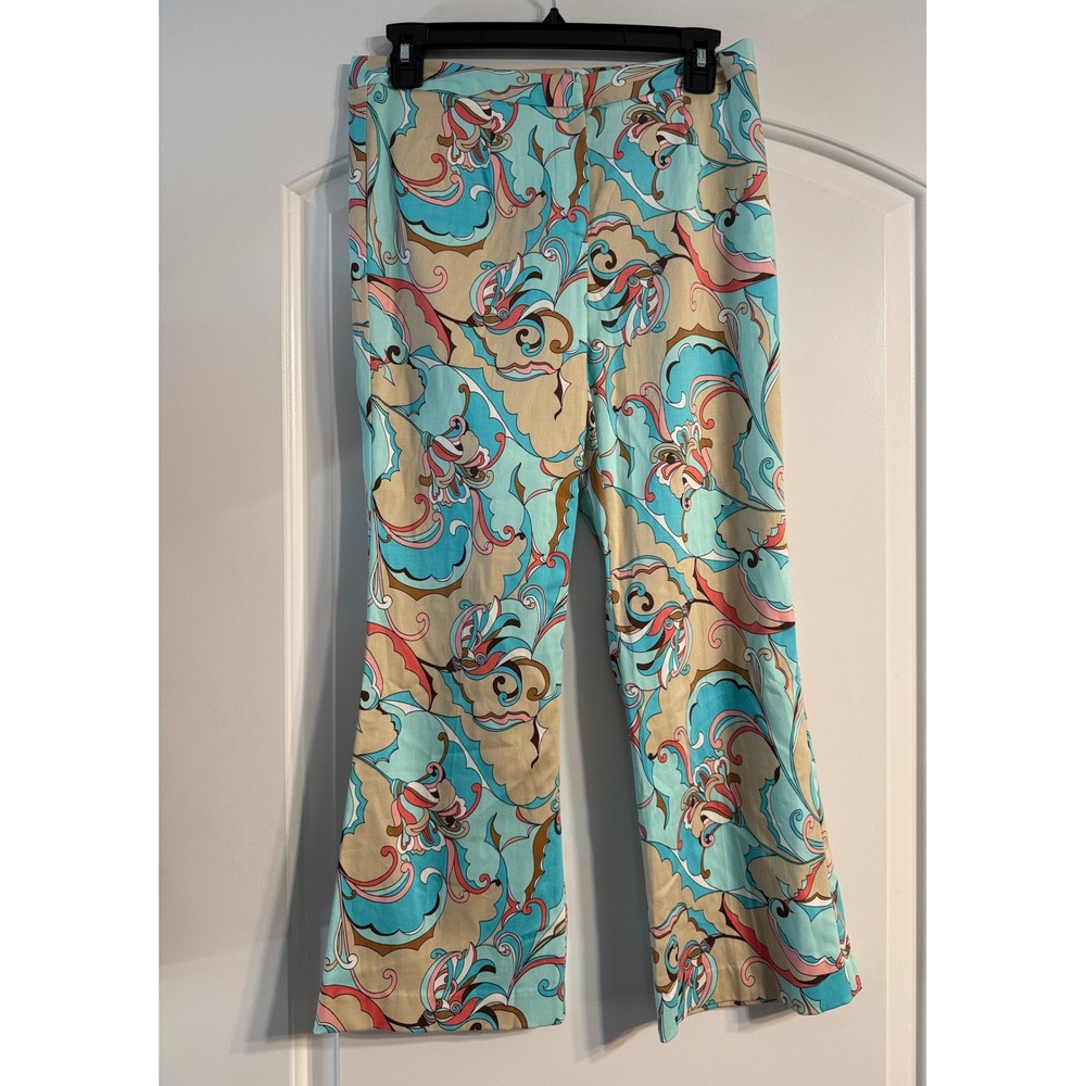 Trina Turk Trousers 4 Blue Psychedelic Floral Wide Leg Crop Pant Retro Mod Chic